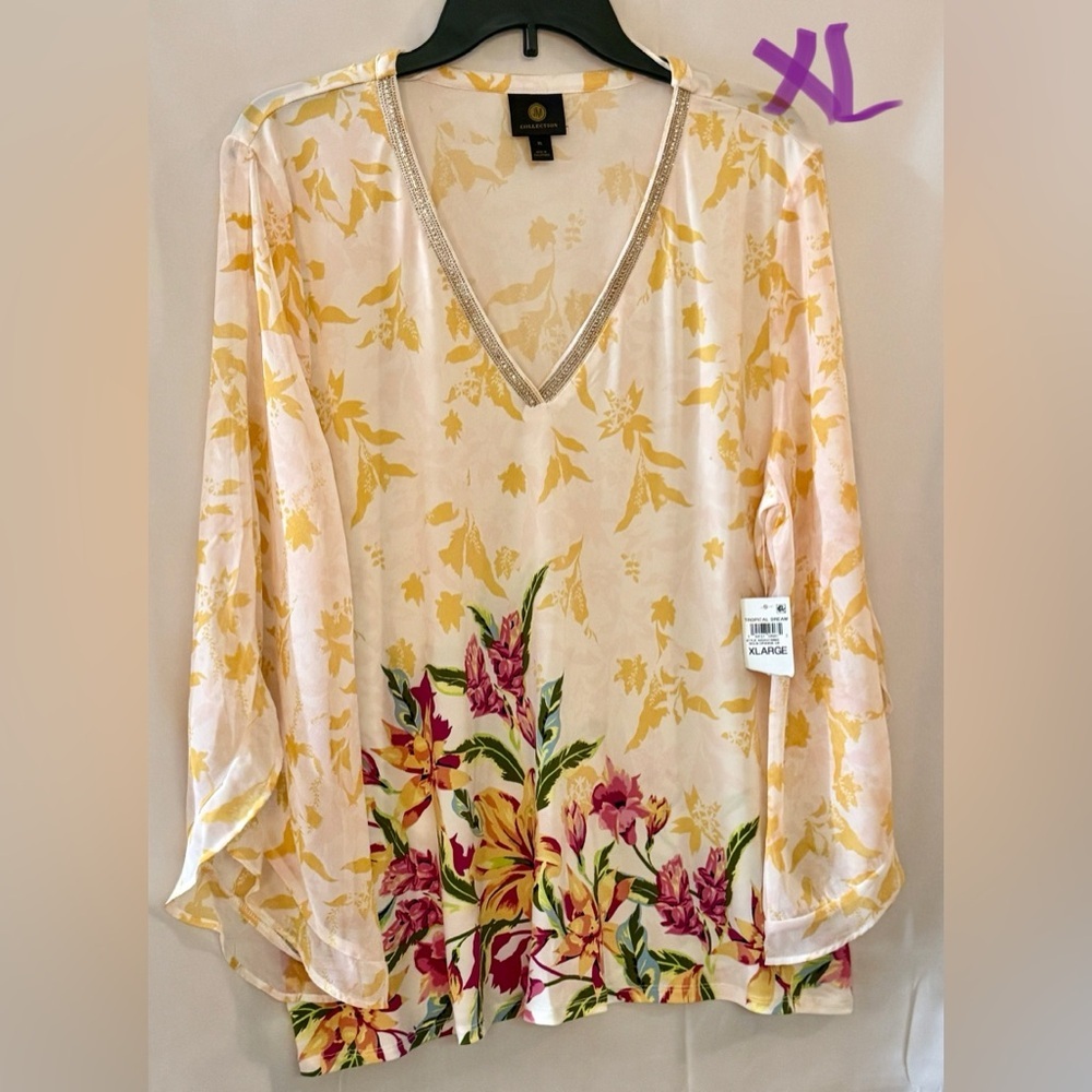 JM Collection Floral V-Neck Blouse - Yellow and Pink